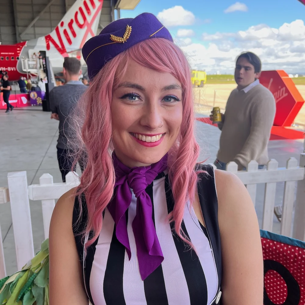 Circus performer in Clown school at the Virgin Australia family Day